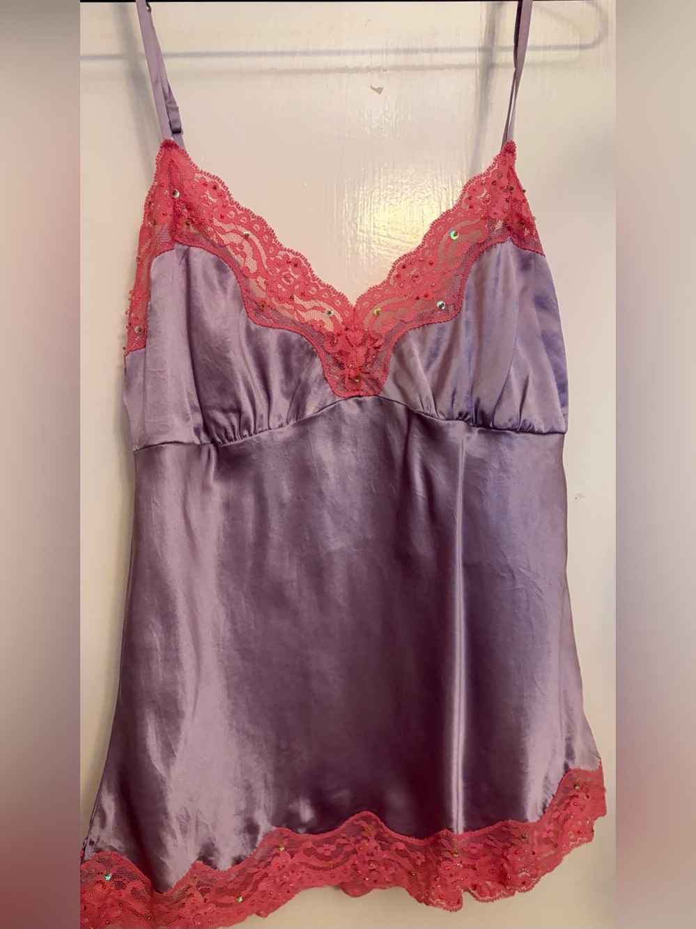 Gold Hawk 100% silk Lavender Slip with Pink Lace Trim